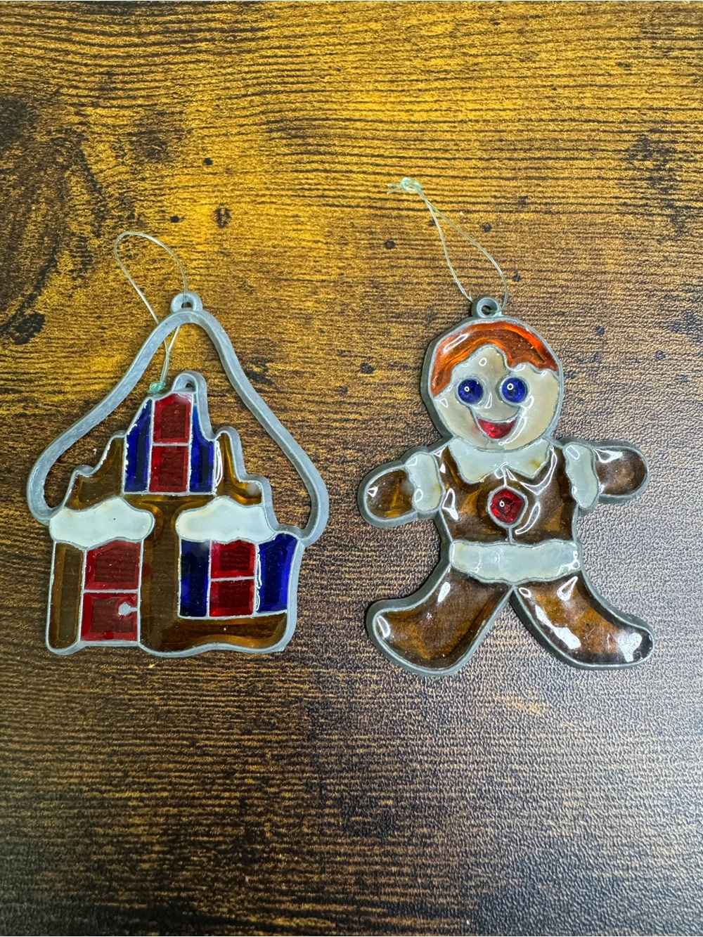 Holiday Gingerbread House and Gingerbread Man Vintage Stain-Glass Ornaments 70’s